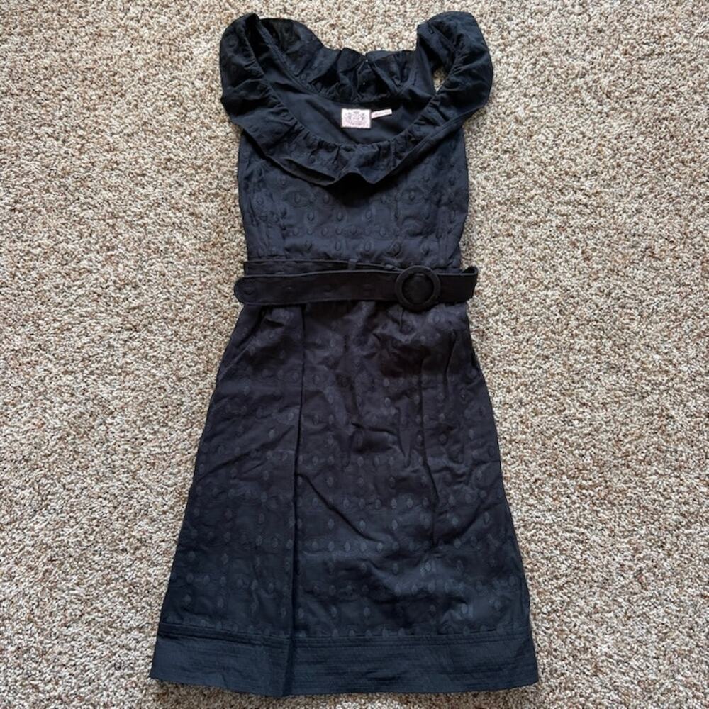 Juicy Couture Black Jacquard Ruffle Mini Dress Vintage Womens sz 10 Belted